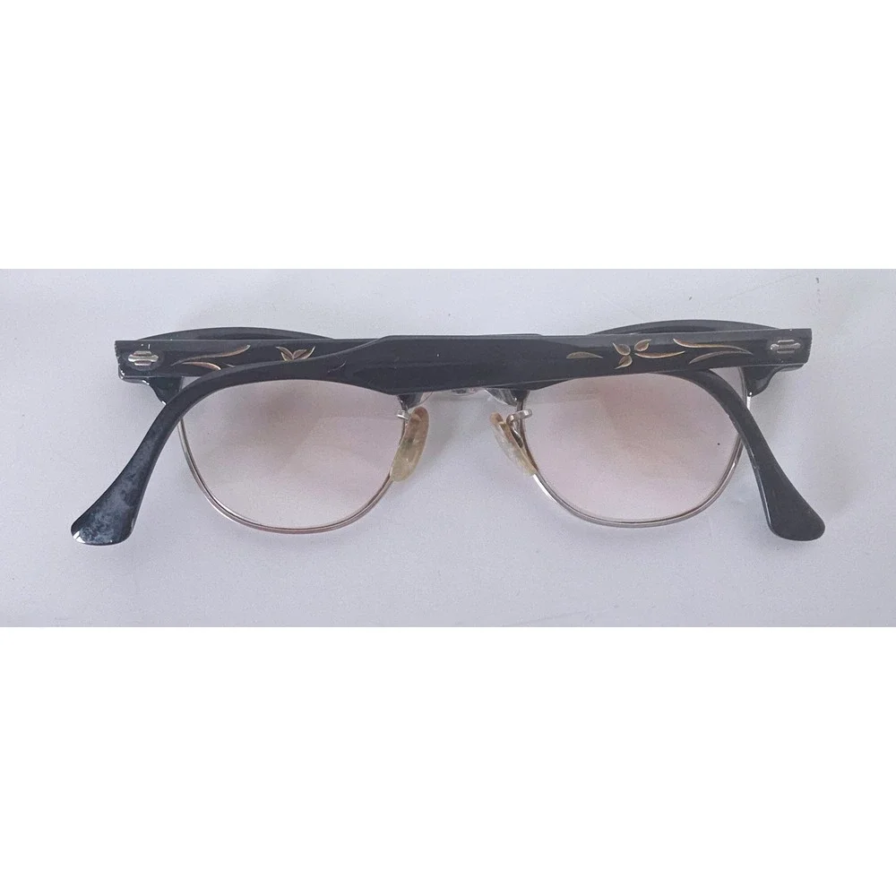 Vintage Art-Craft Cat Eye‎ Glasses Black Aluminum Browline Floral Etched USA 50s